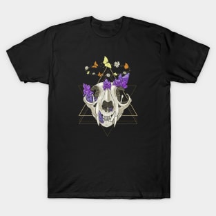 Cat Skull with Crystals, Butterflies, and Geometric Accents on Black T-Shirt